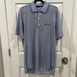 Ralph Lauren blue and white striped polo with Sea Island Logo